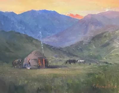 Жайлаудағы кеш. Акашев Курмангазы (р. 1964). холст, масло, 90×70 см