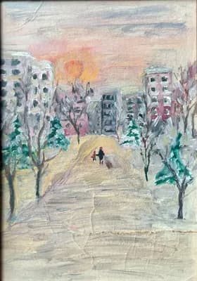Зима, Городской пейзаж с ребёнком. Дужнова Жанна (1941–2002). картон, масло, 25×35 см