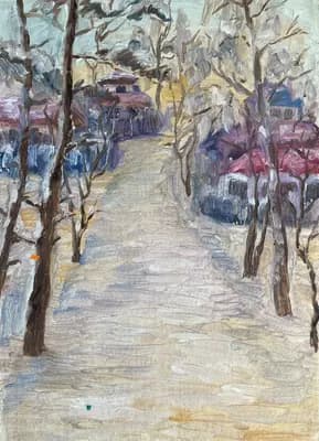 Зима, дорога. Орехов А.. картон, масло, 35×25 см