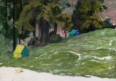 Палатки в лесу. Кузнецова Виленина (1927–2010). картон, масло, 50×35 см