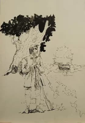 На берегу (2000). Орынбаев Жиенбай (р.1962). бумага/ручка, 30х42 см