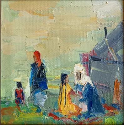 Әңгіме (2026). Акашев Курмангазы (р. 1964). холст/масло, 15х15 см