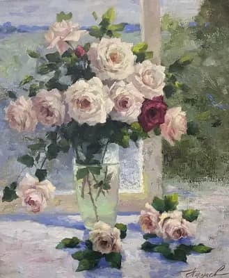 Розы. Николаев Ю.. холст, масло, 70×60 см