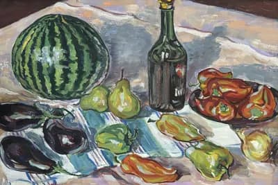 Натюрморт с бутылкой и баклажан. Стадничук Иван (1913–2000). картон, масло, 38×50 см