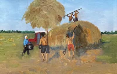 Стогание (1995). Кузьмин С. (р. 1953). картон, масло, 20×15 см