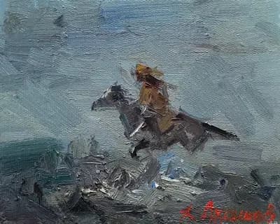 Этюд 3. Аңшы (2019). Акашев Курмангазы (р. 1964). картон, масло, 21×16,5 см