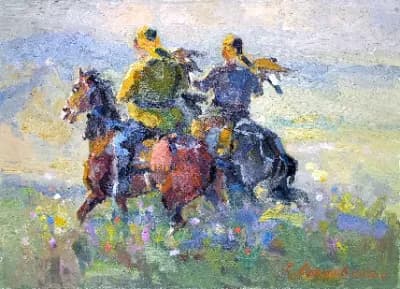 Бүркітшілер (2026). Акашев Курмангазы (р. 1964). холст/масло, 50х70 см