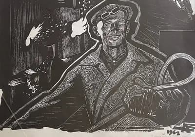 Знатный металлург С. Байгозиев (1962). Антощенко-Оленев Валентин (1900–1984). линогравюра, 52×36,6 см