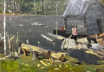Дом у реки. Пономаренко О. (р. 1948). картон, масло, 49×34 см