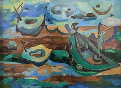 Корабли и звёздное небо. Дужнова Татьяна (р. 1969). бумага, масло, 47,7×36 см