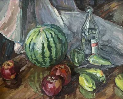 Натюрморт с бутылкой и яблоками. Стадничук Иван (1913–2000). картон, масло, 40×50 см