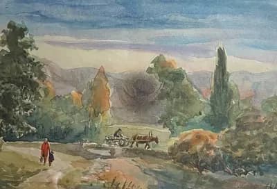 Пейзаж (лошадь с телегой). Н.Х.. бумага, акварель, 26×17 см