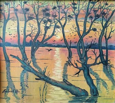 Дерево в воде (1980). Бабков Н.. картон, масло, 50×48 см