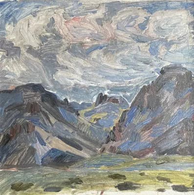Горный пейзаж (1975). Дужнов Анатолий (1942–2003). картон, масло, 23×25 см