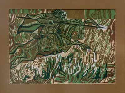 Битва Алпамыс батыр. Исабаев Исатай (1936–2007). графика, 80×56 см