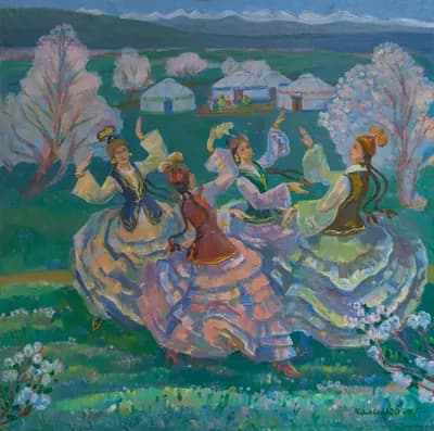 Танцующие девушки (1982). Калимов Мухит (1931–2002). неизвестно, 117×117 см