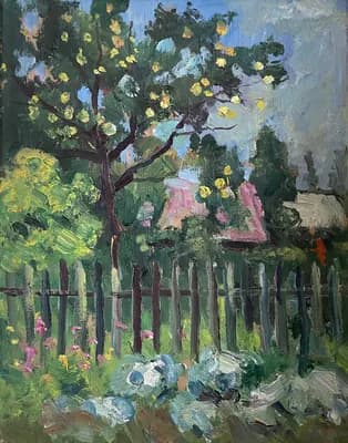 Забор (1959). Бибин Александр (1939–2009). фанера, масло, 29×36 см