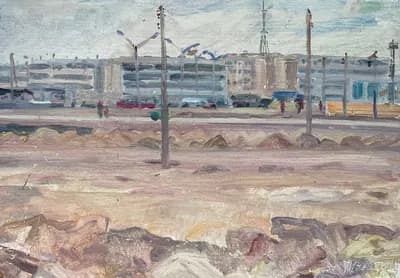 Стройка в Алма-Ате (1969). Ткаченко Валентин (1927–1990). картон, масло, 50×35 см