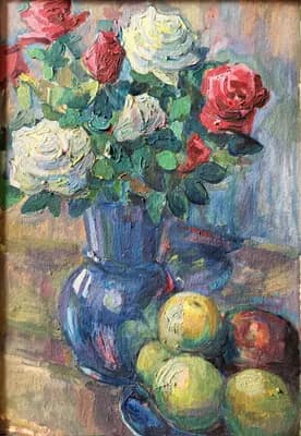 Розы с яблоками. Кузнецова Виленина (1927–2010). картон, масло, 43×35 см