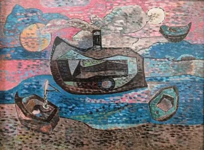 Корабли на закате. Дужнова Татьяна (р. 1969). бумага, масло, 47,8×35,6 см