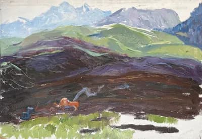 Трактор в горах. Кузнецова Виленина (1927–2010). картон, масло, 50×35 см