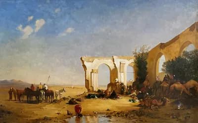 Привал у старых развалин. Хамиров Ербол (1959–2024). холст, масло, 113×70 см