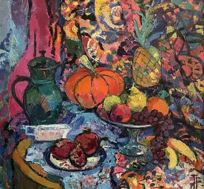 Натюрморт с красной тыквой (2018). Тагенова Г. (р. 1962). холст, масло, 70×65 см