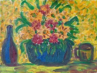 Гүл мен ыдыс (2011). Жапак Е. (р. 1961). холст, масло, 46×34 см
