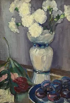 Гвоздики со сливами. Кужеленко Ольга (1911–2001). картон, масло, 35×50 см