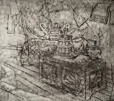 Натюрморт с лебедями. Калмыков Сергей (1891–1967). гравюра, 21,3×24,3 см