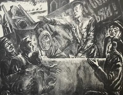 Декрет об углях. Экибастуз. Исабаев Исатай (1936–2007). графика, 52×65 см