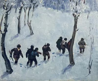 военная тема (партизаны). Н.Х.. холст, масло, 41×50 см