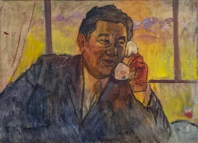 Беседа. Портрет Чингиза Айтматова (1978). Тогузбаев Токболат (1940–1996). картон, масло, 70×50 см