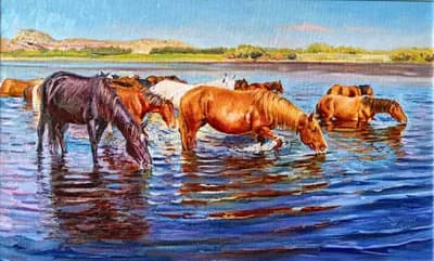 На водопое. Сарыарка (2025). Проценко В. (р. 1961). холст, масло, 55×90 см