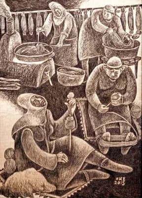 Жіп дайындау (2015). Есенбаев Оразбек (р. 1960). шелкография, 40×30 см