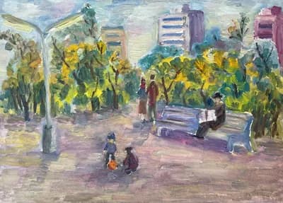 Сквер. Аксёнов Г.. картон, масло, 25×35 см