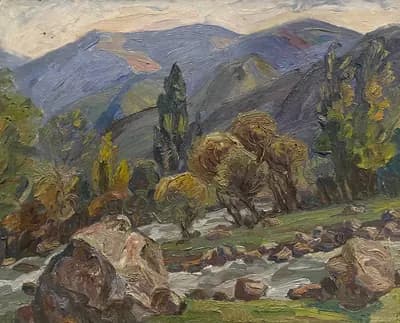Горная река (1973). Дужнов Анатолий (1942–2003). картон, масло, 40×50 см