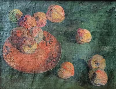 Персики на керамической тарелке (1967). Исланов Арстанбек (1939–1992). холст, масло, 34×44 см