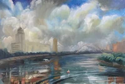 Катер на реке Есил. Баталова Баян. холст, масло, 40×60 см