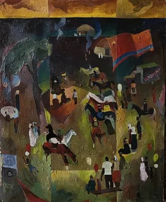 Конное спортивное соревнование, Праздник, Кызылорда (1979–1980). Шегебаев Р. (р. 1947). холст, масло, 100×79 см