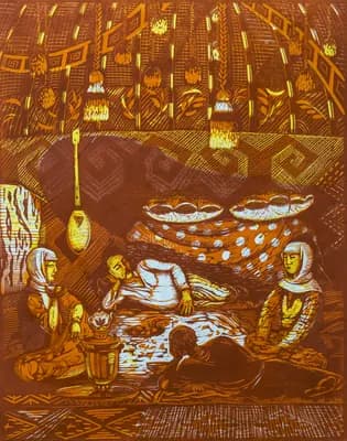 В Юрте. Каметов К. (р. 1952). бумага, линогравюра, 50×40 см