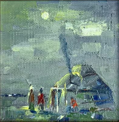 Айлы түн (2026). Акашев Курмангазы (р. 1964). холст/масло, 15х15 см