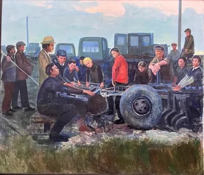 Учеба и производственный труд. Кенбаев Молдахмет (1925–1993). холст, масло, 160×180 см