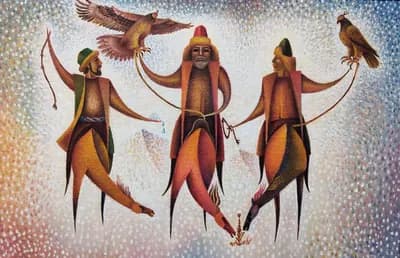 Охотники (2019). Диникеев А. (р. 1942). холст, масло, 65×45 см